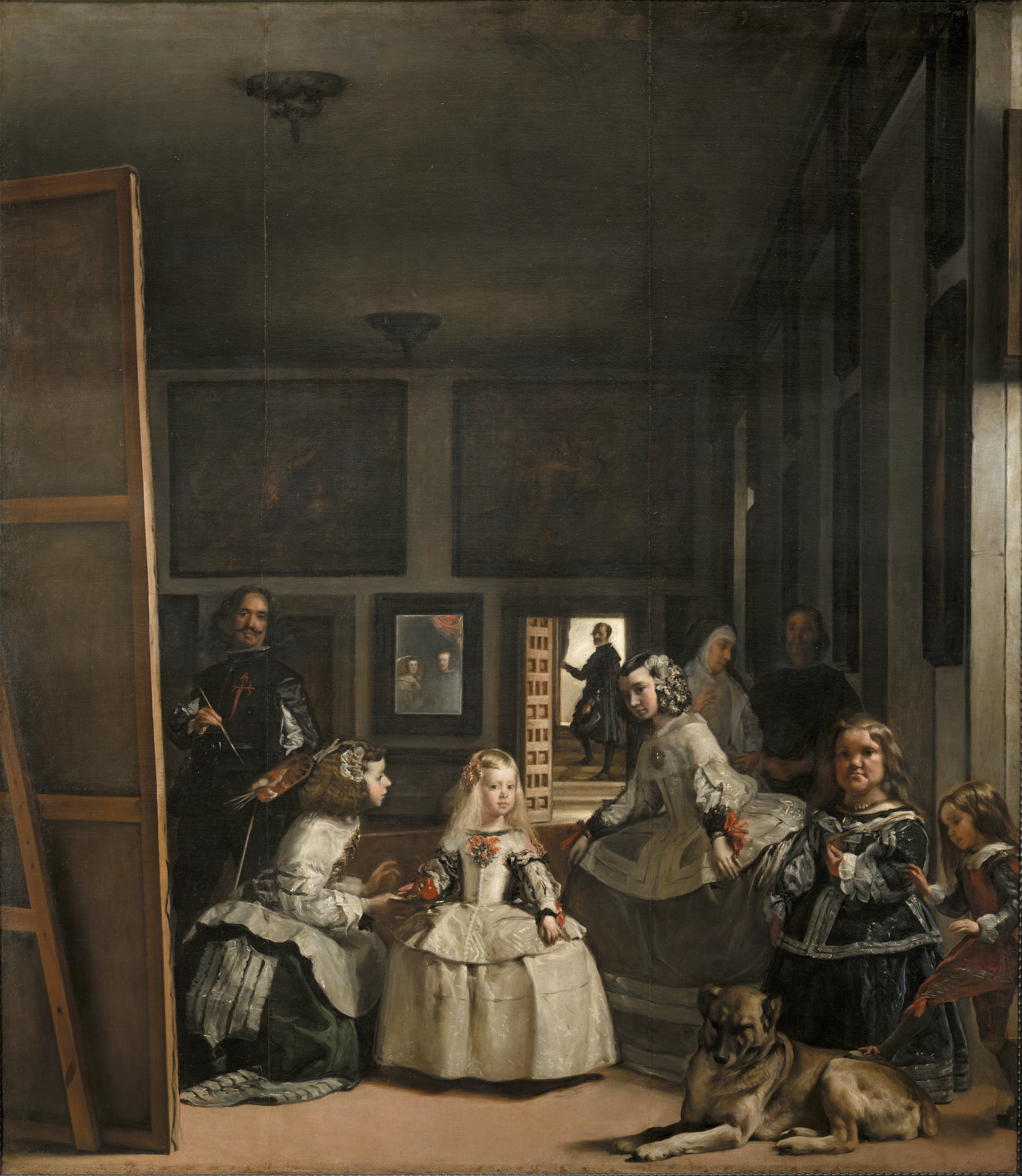 Velazquez's Las Meninas. A variety of aristocratic figures and a painter look at the viewer, who it turns out is the royal couple themselves, reflected in a mirror deep in the painting.