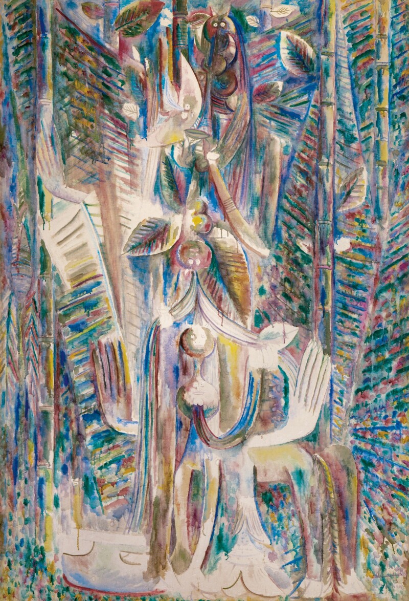 Wilfredo Lam's 1943 painting "Omi Obini."A tall, disproposrtionate, possibly many-limbed figure in the central foreground, surrounded by riotously colored banana leaves and bamboo stalks.