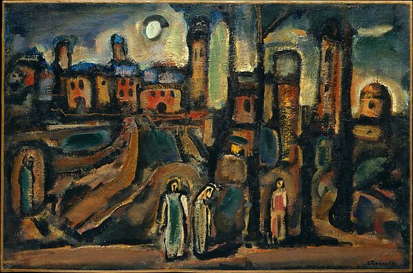 Georges Roualt's painting "Twilight." Three figures in the foreground of a vaguely biblical milieu. Expressionist style, lots of browns and reds.